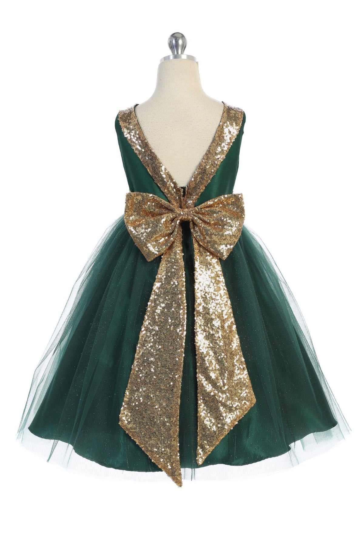 Gold Sequins V Back & Bow Plus Size Girls Dress 16.5 / Green Gold Sequins V Back & Bow Plus Size Girls Dress 16.5 / Green