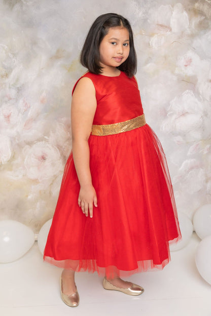 Gold Sequins V Back & Bow Plus Size Girls Dress