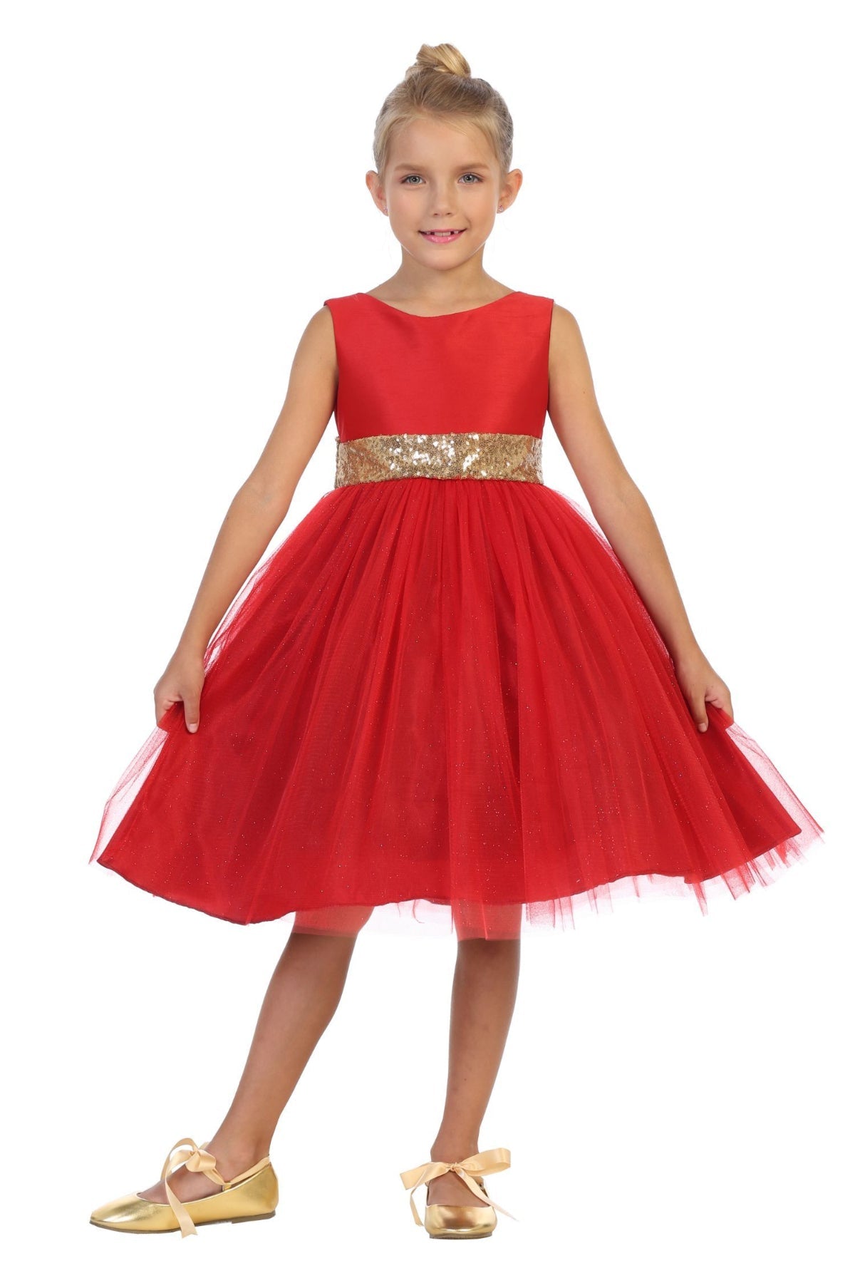 Gold Sequins V Back & Bow Girls Dress 4 / Green Gold Sequins V Back & Bow Girls Dress 4 / Green