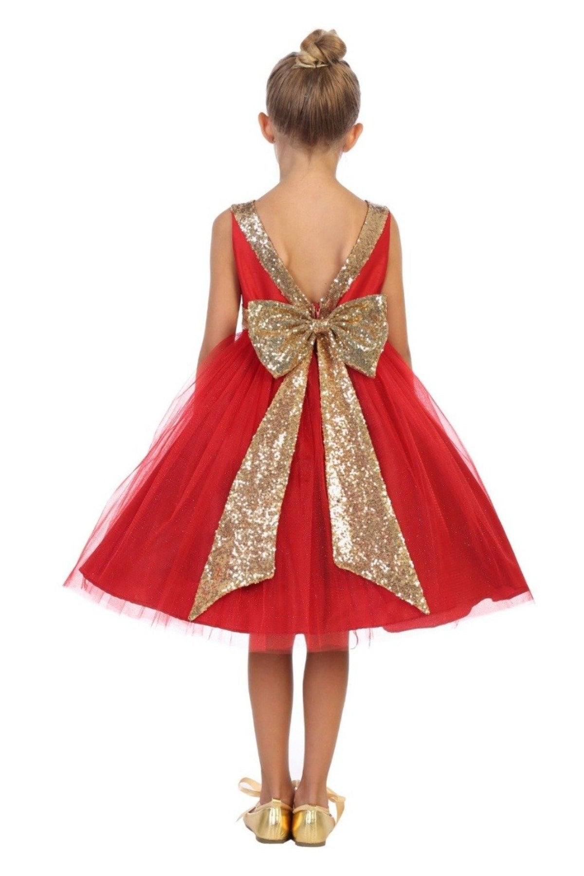 Gold Sequins V Back & Bow Girls Dress 4 / Green Gold Sequins V Back & Bow Girls Dress 4 / Green