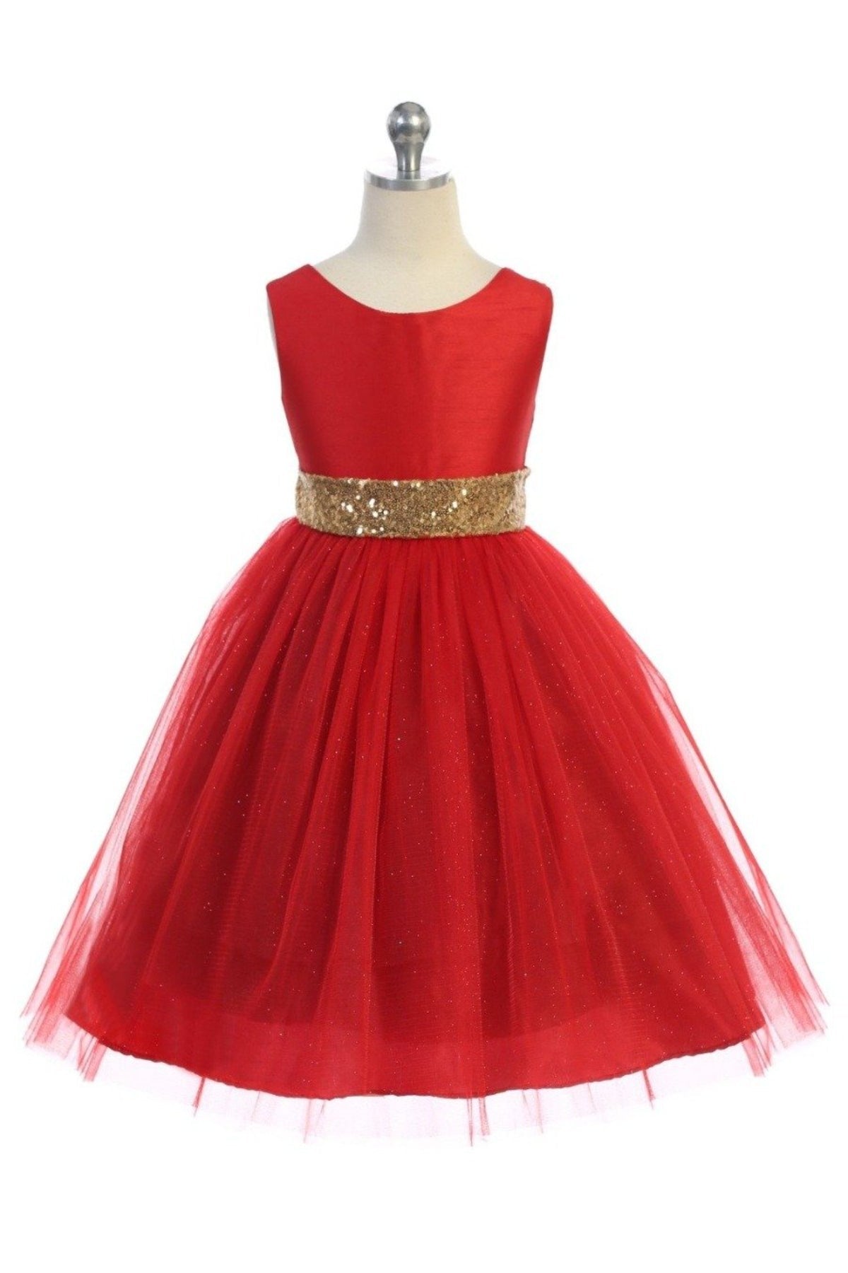 Gold Sequins V Back & Bow Plus Size Girls Dress 14.5 / Red Gold Sequins V Back & Bow Plus Size Girls Dress 14.5 / Red