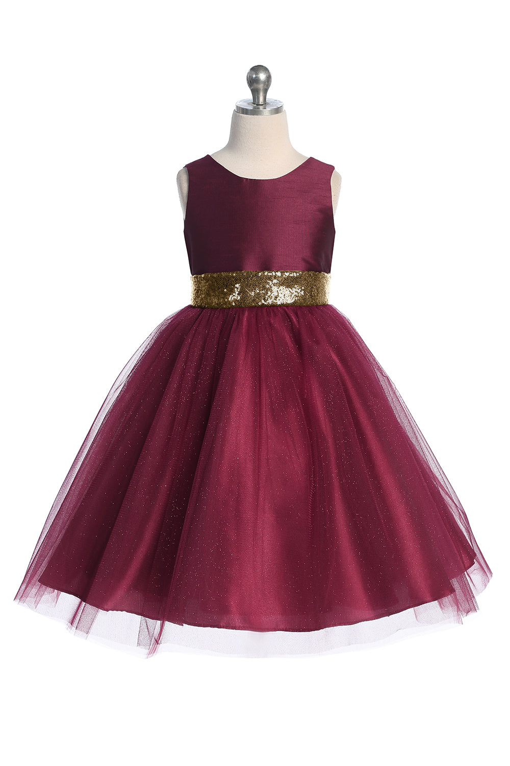 Gold Sequins V Back & Bow Girls Dress 8 / Burgundy Gold Sequins V Back & Bow Girls Dress 8 / Burgundy