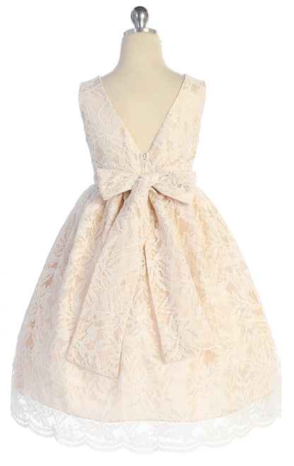 All Lace Girls Dress with V Back & Bow and Thick Pearl Trim