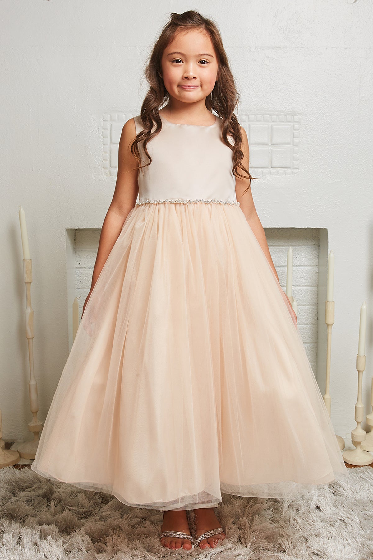 Satin Top Dress with Wavy Rhinestone & Pearl Trim and Plus Sizes 12 / Blush Satin Top Dress with Wavy Rhinestone & Pearl Trim and Plus Sizes 12 / Blush
