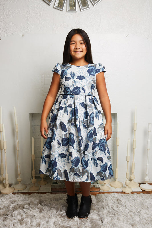 Dress - Blue Leaf Jacquard Girls Plus Size Dress