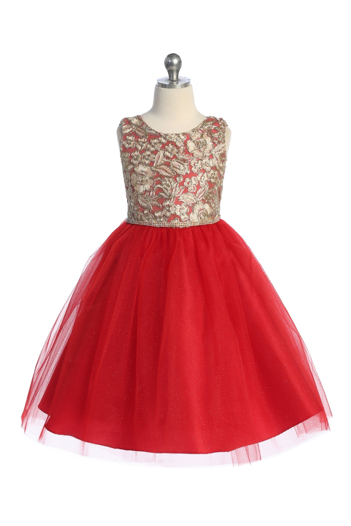 Gold Embroidered Lace V Back & Bow Plus Size Girls Dress 18.5 / Red Gold Embroidered Lace V Back & Bow Plus Size Girls Dress 18.5 / Red