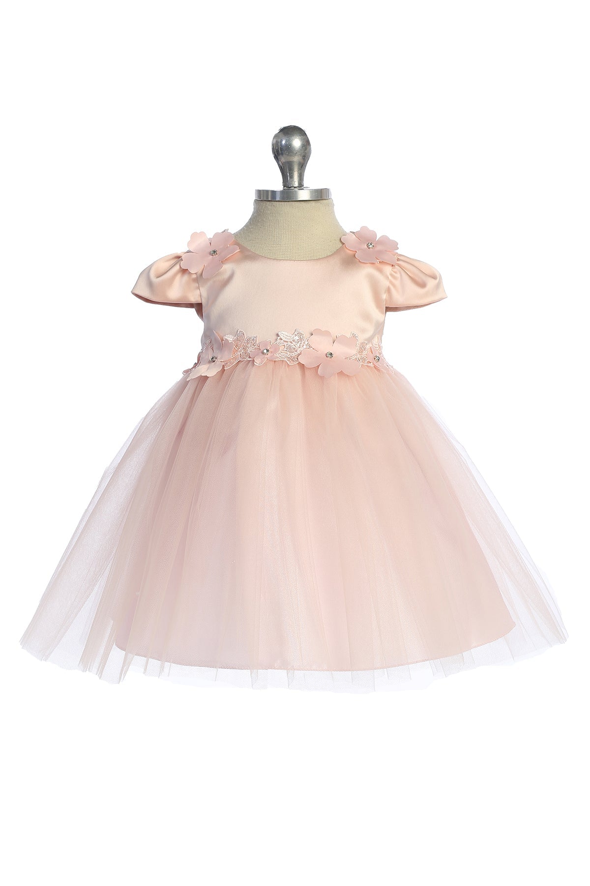 Capped Sleeve Satin & Tulle Baby Dress with Floral Trim S-6M / Blush Capped Sleeve Satin & Tulle Baby Dress with Floral Trim S-6M / Blush