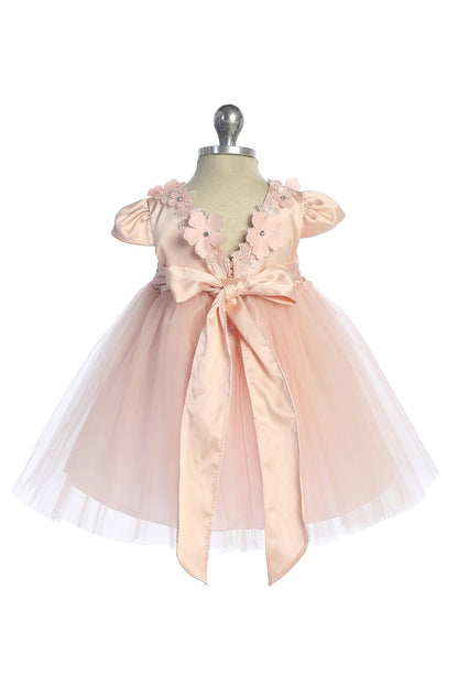 Dress - Capped Sleeve Satin & Tulle Baby Dress With Floral Trim