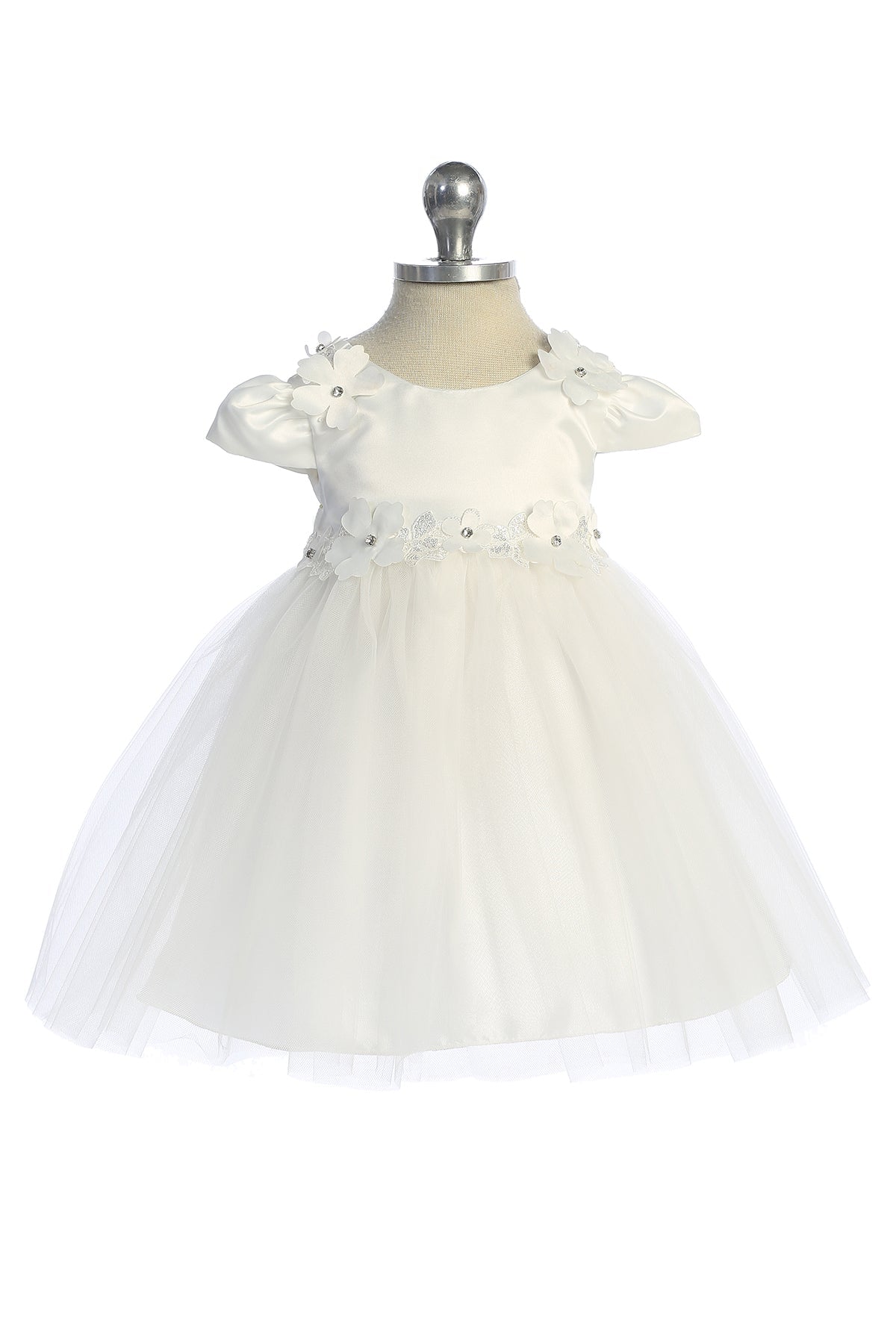 Dress - Capped Sleeve Satin & Tulle Baby Dress With Floral Trim