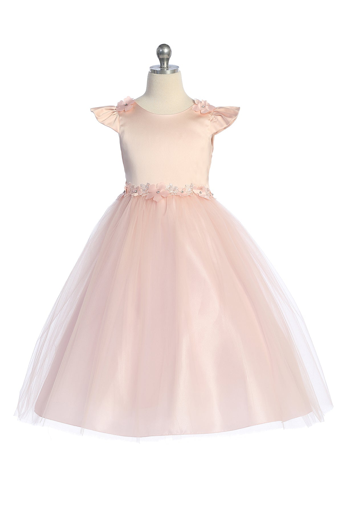 Dress - Capped Sleeve Satin & Tulle Girls Dress With Floral Trim