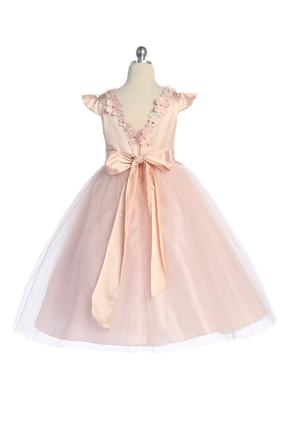 Dress - Capped Sleeve Satin & Tulle Girls Plus Size Dress With Floral Trim