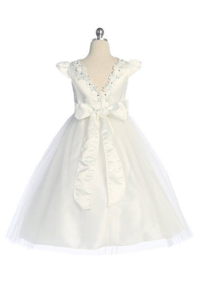 Dress - Capped Sleeve Satin & Tulle Girls Plus Size Dress With Floral Trim