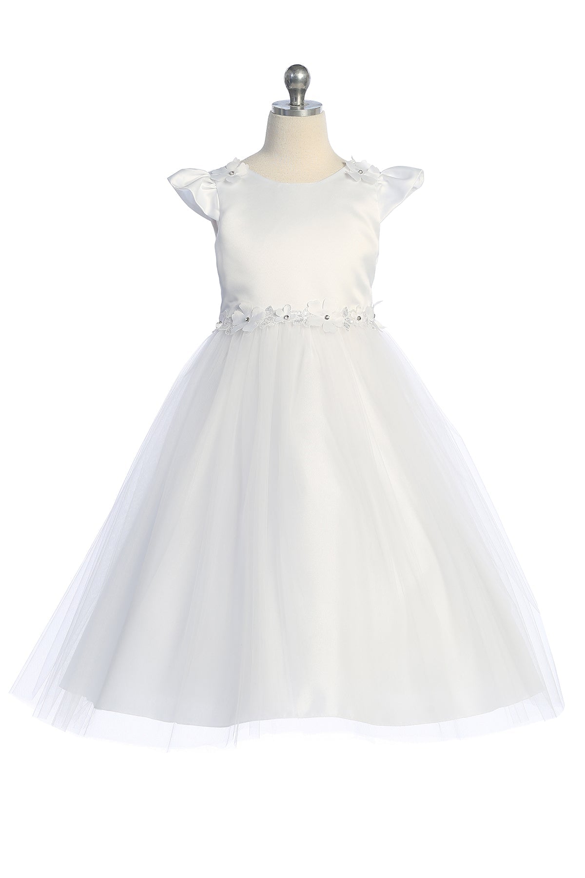 Dress - Capped Sleeve Satin & Tulle Girls Dress With Floral Trim