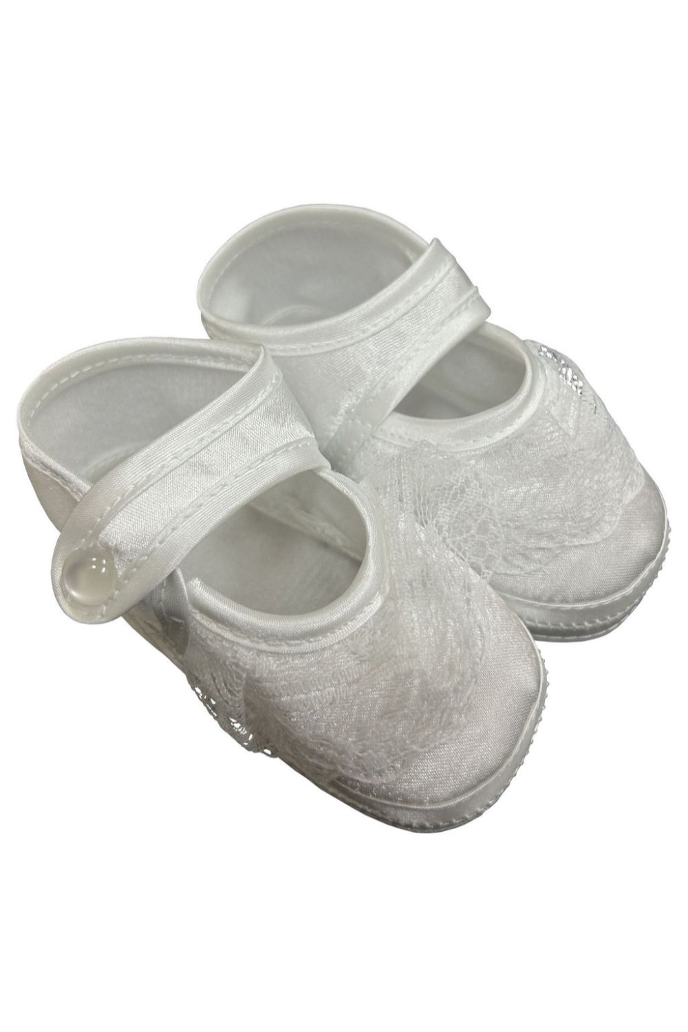 Soft-Soled White Baptism Shoes with Lace Detailing and Button Closure for Baby Girls