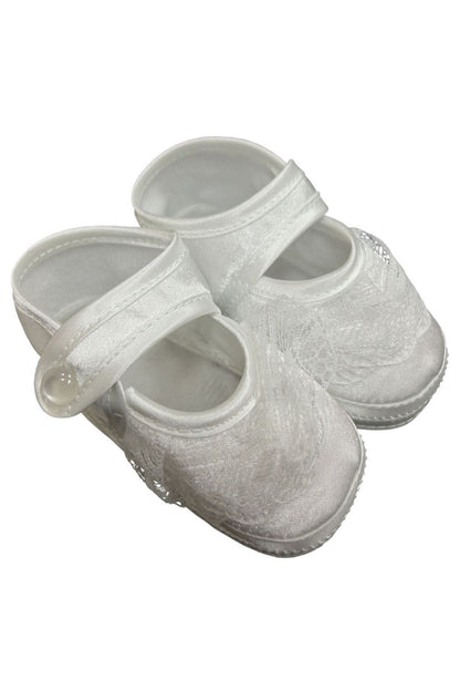 Soft-Soled White Baptism Shoes with Lace Detailing and Button Closure for Baby Girls