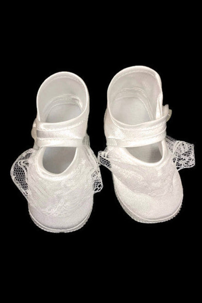 Soft-Soled White Baptism Shoes with Lace Detailing and Button Closure for Baby Girls