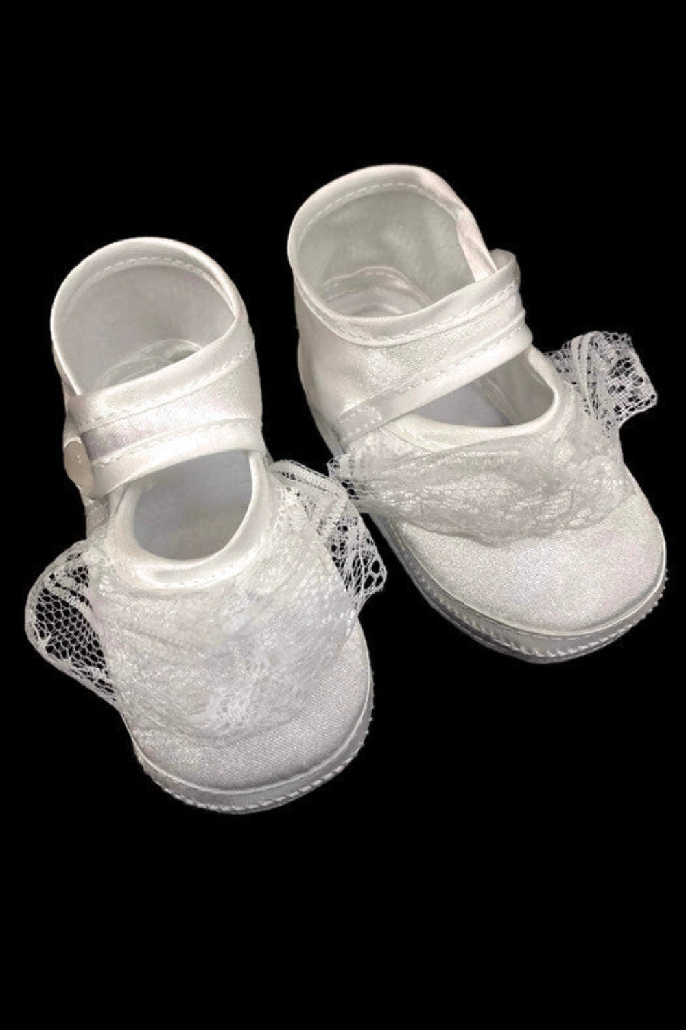 Soft-Soled White Baptism Shoes with Lace Detailing and Button Closure for Baby Girls