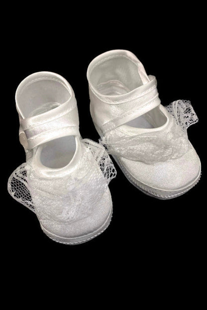 Soft-Soled White Baptism Shoes with Lace Detailing and Button Closure for Baby Girls