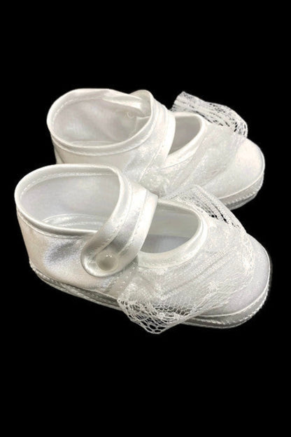 Soft-Soled White Baptism Shoes with Lace Detailing and Button Closure for Baby Girls