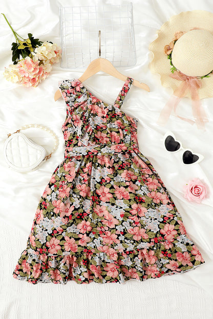 Floral Asymmetrical Neck Ruffled Dress