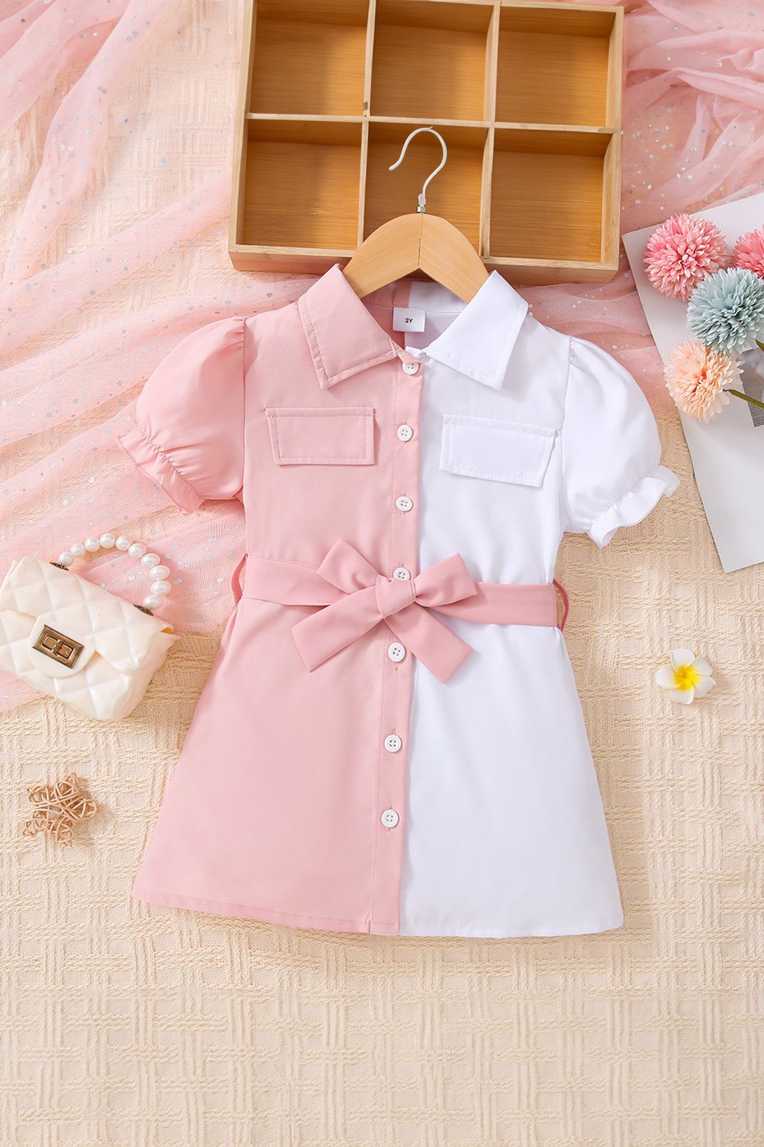 Girls Two-Tone Belted Shirt Dress