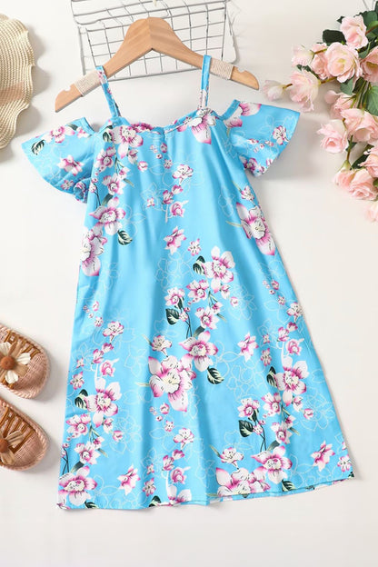 Girls Floral Cold-Shoulder Flutter Sleeve Dress