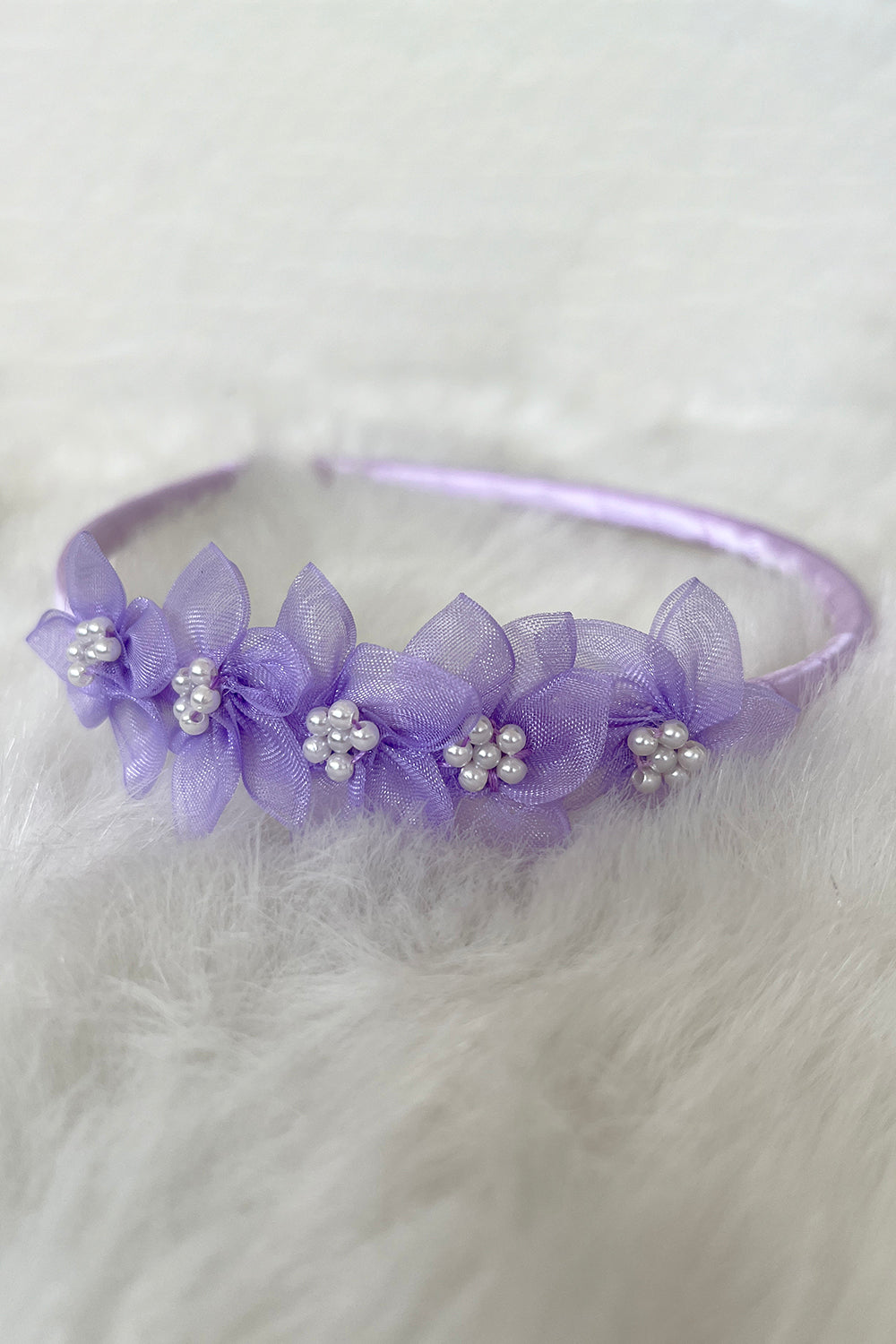 lavender flower headband Organza Flower Headband with Pearl Detailing One Size / Lavender