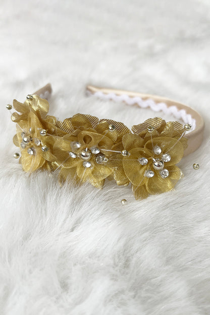 Satin Headband with Flowers and Gems