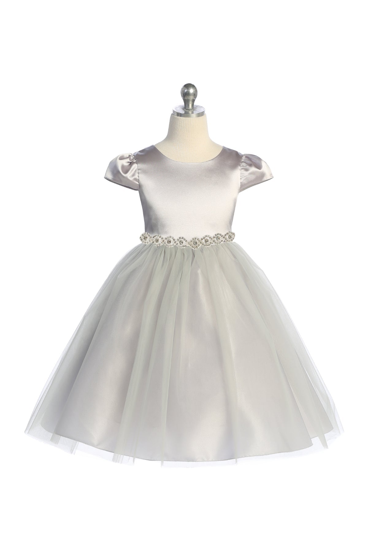 Dress - Capped Sleeve Satin & Tulle Plus Size Dress With Diamond Shaped Rhinestone Trim