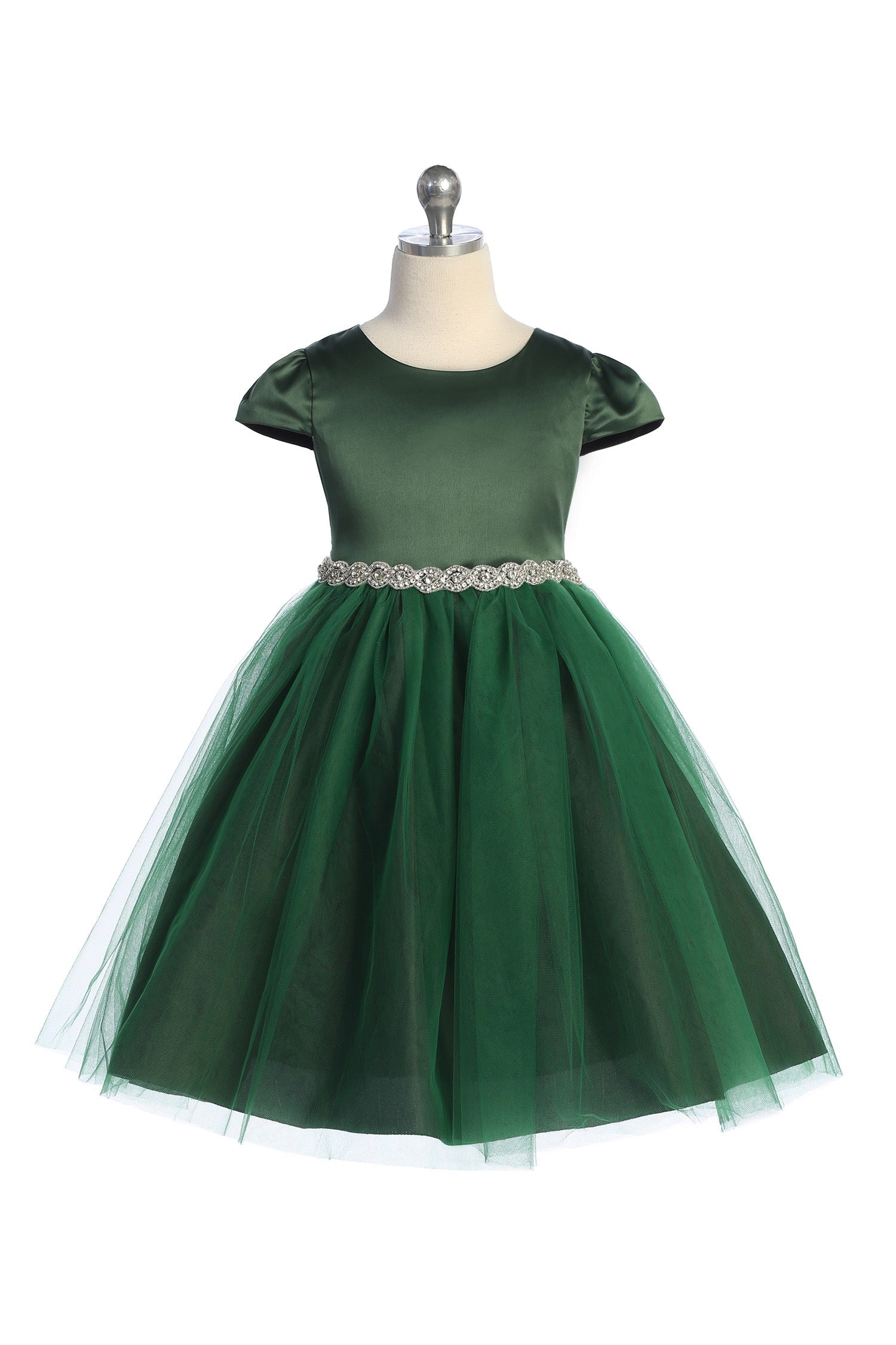 Capped Sleeve Satin & Tulle Plus Size Dress with Braided Rhinestone Trim 20.5 / Hunter Green