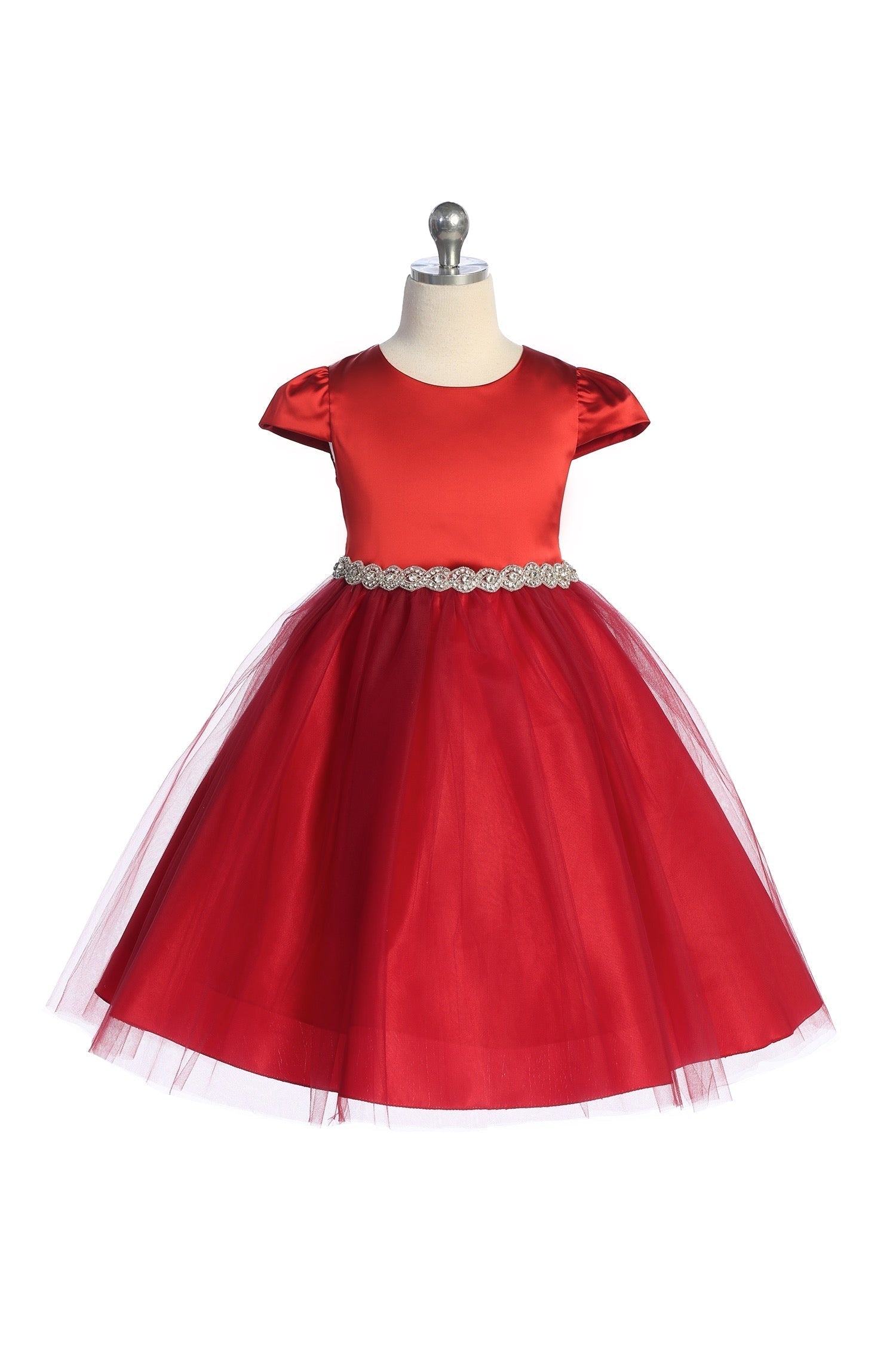 Capped Sleeve Satin & Tulle Plus Size Dress with Braided Rhinestone Trim
