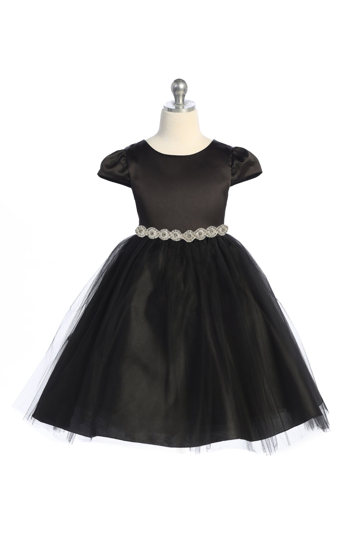 Capped Sleeve Satin & Tulle Plus Size Dress with Braided Rhinestone Trim