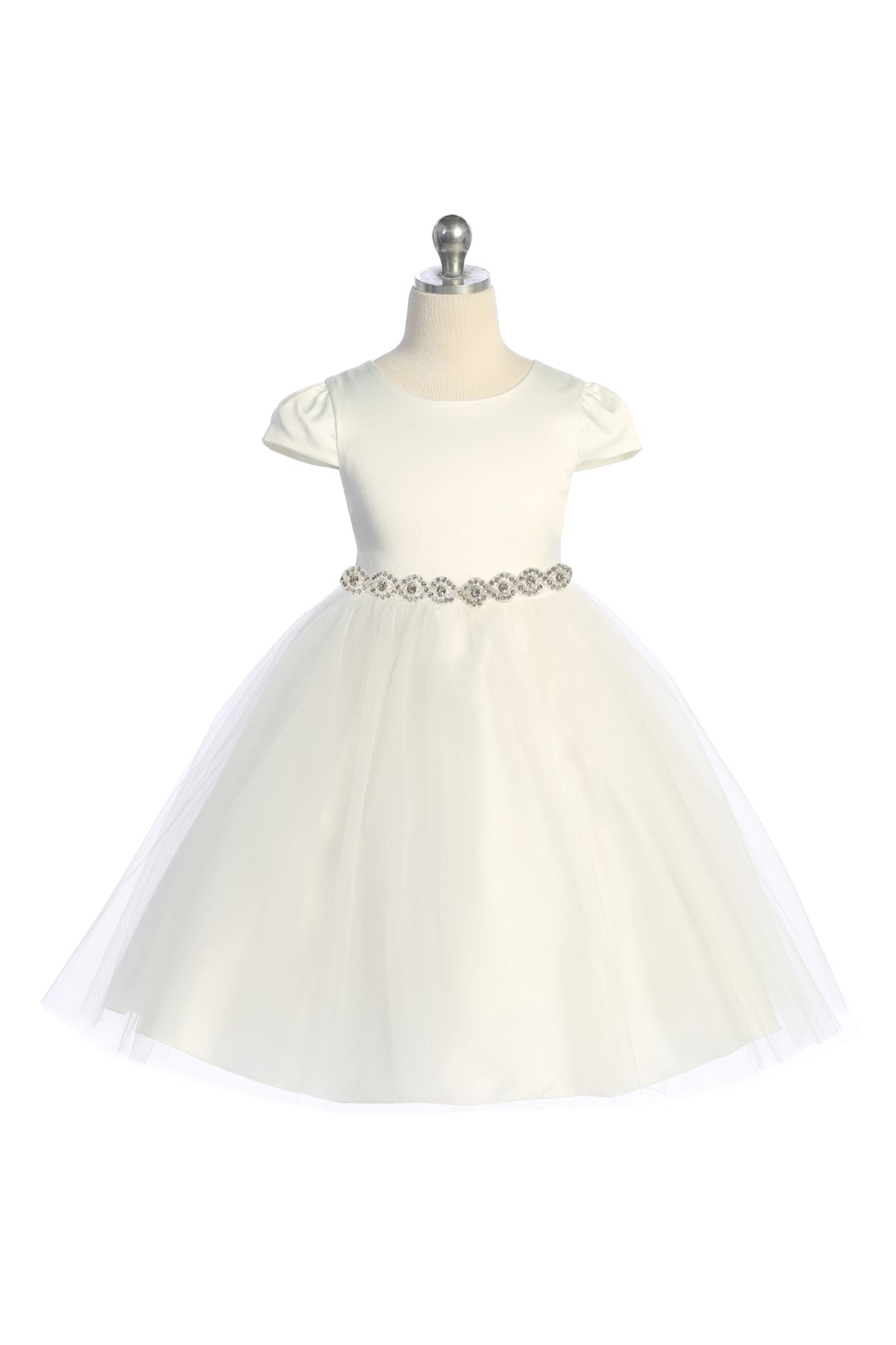 Capped Sleeve Satin & Tulle Plus Size Dress with Braided Rhinestone Trim
