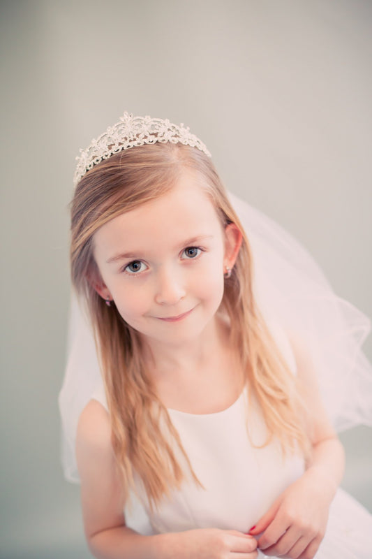 First Communion Veil | Rhinestone Tiara Style | Our Lady of Guadalupe |  2-Tiered