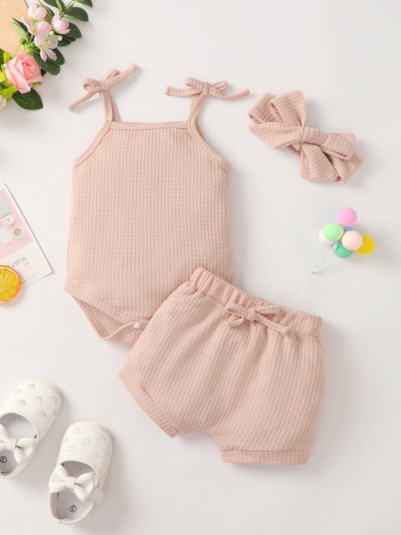 Baby Girl Waffle-Knit Tie-Shoulder Top and Shorts Set – Kid's Dream