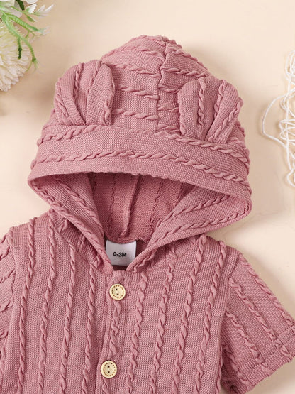 Baby Textured Button Front Hooded Jumpsuit With Ears