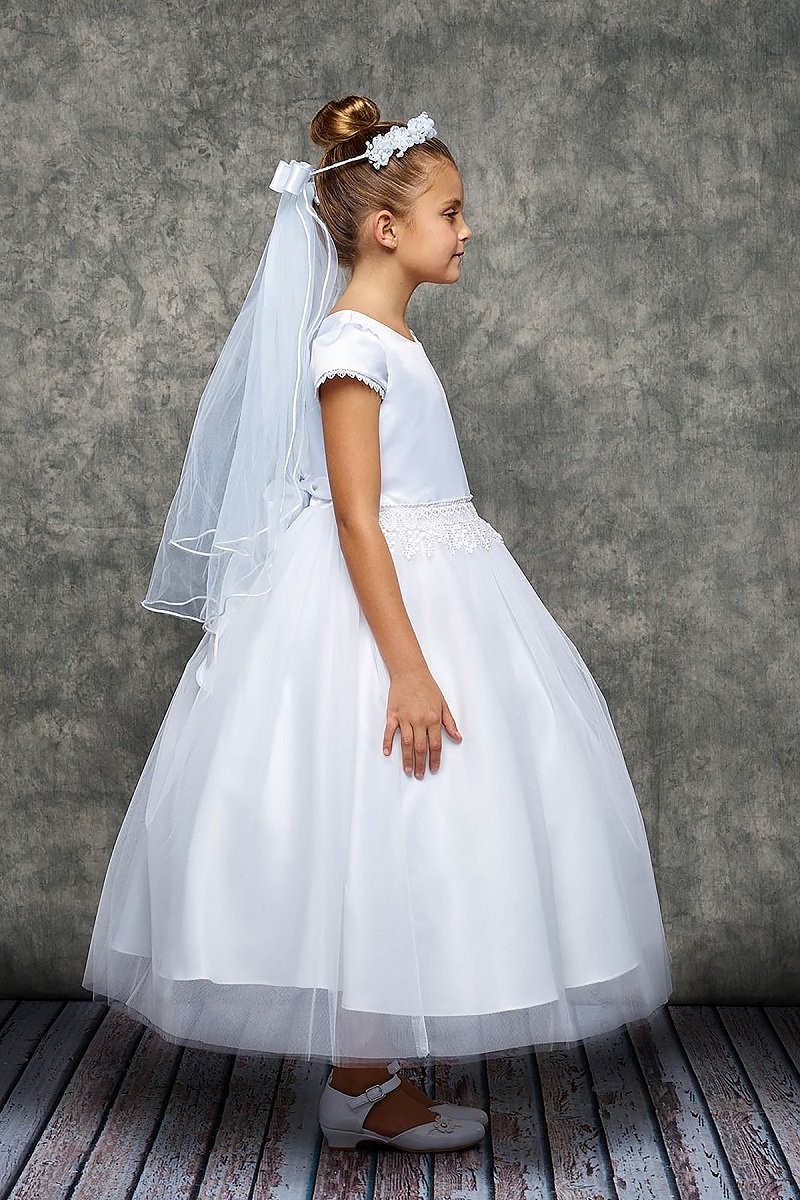 Beautiful satin First Communion Dress with Cap Sleeves - FirstCommunions.com