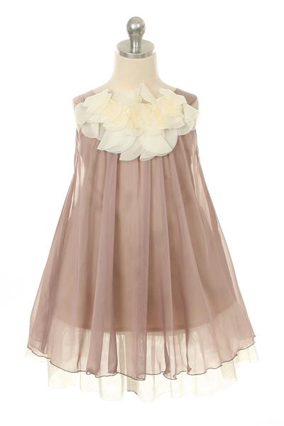 Dress - Chiffon Dress W Flower Ruffle Neckline