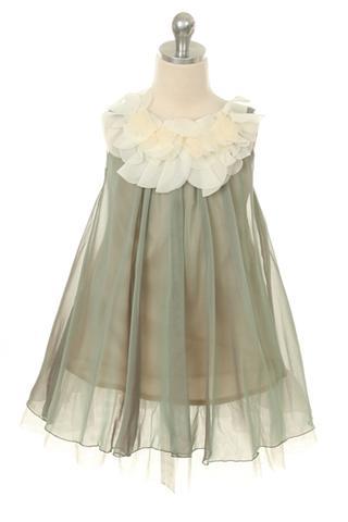 Dress - Chiffon Dress W Flower Ruffle Neckline