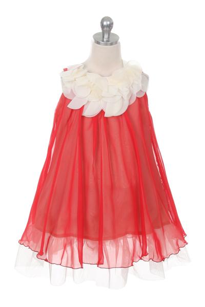 Dress - Chiffon Dress W Flower Ruffle Neckline