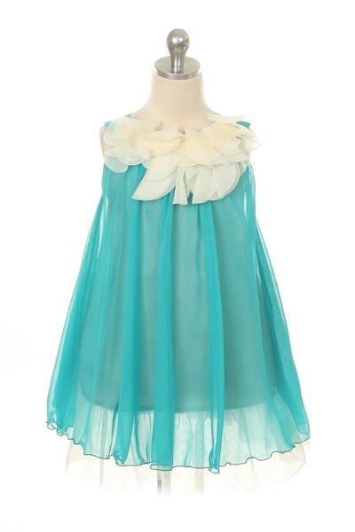 Dress - Chiffon Dress W Flower Ruffle Neckline