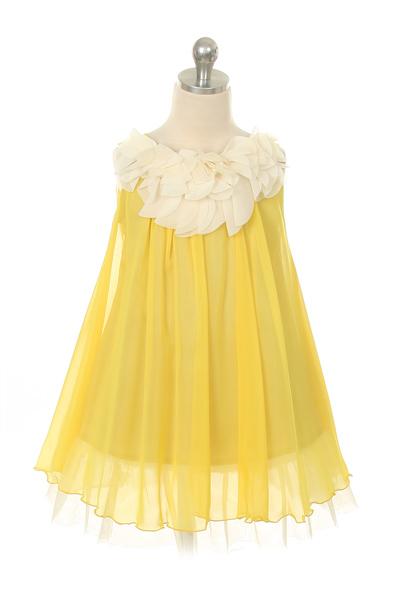 Dress - Chiffon Dress W Flower Ruffle Neckline