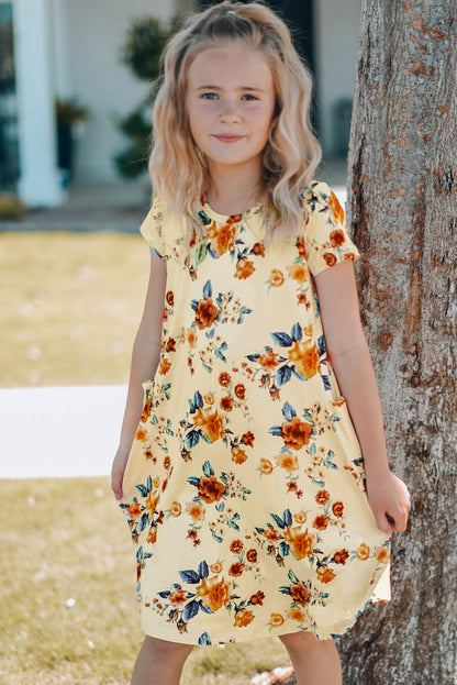 Dress - Girls Floral Round Neck Short Sleeve Dress With Pockets