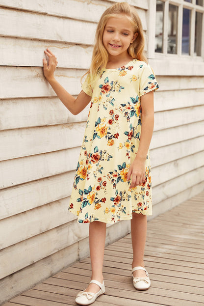 Dress - Girls Floral Round Neck Short Sleeve Dress With Pockets