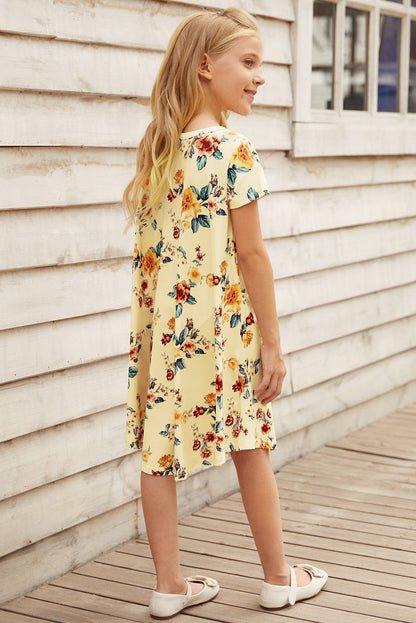 Dress - Girls Floral Round Neck Short Sleeve Dress With Pockets