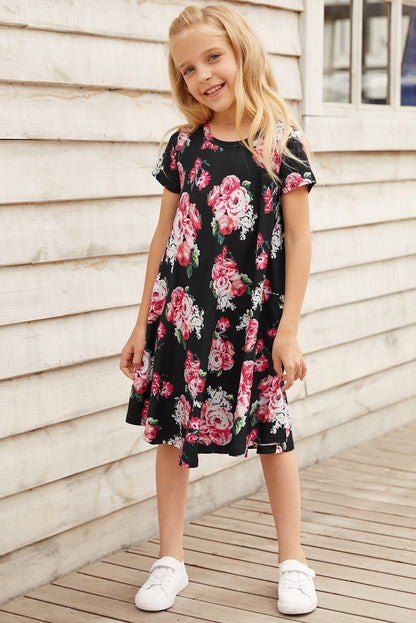 Dress - Girls Floral Round Neck Short Sleeve Dress With Pockets