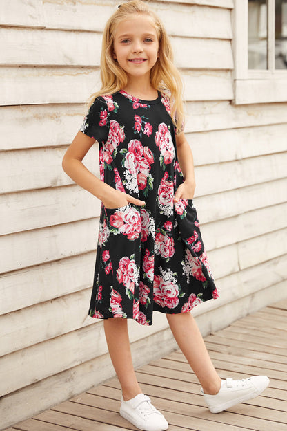 Dress - Girls Floral Round Neck Short Sleeve Dress With Pockets