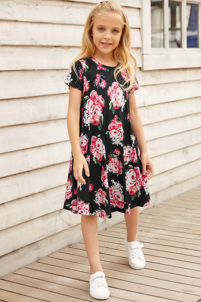 Dress - Girls Floral Round Neck Short Sleeve Dress With Pockets