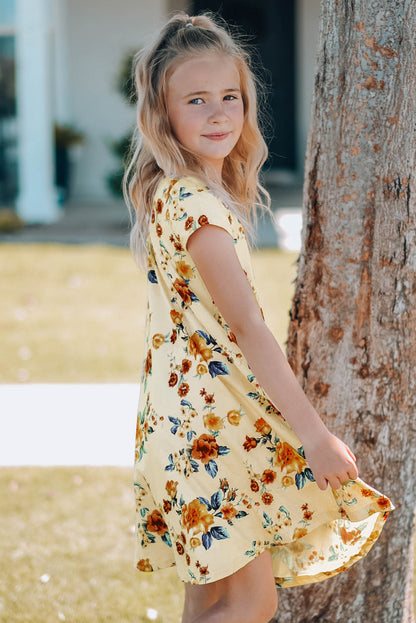 Dress - Girls Floral Round Neck Short Sleeve Dress With Pockets