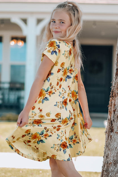 Dress - Girls Floral Round Neck Short Sleeve Dress With Pockets